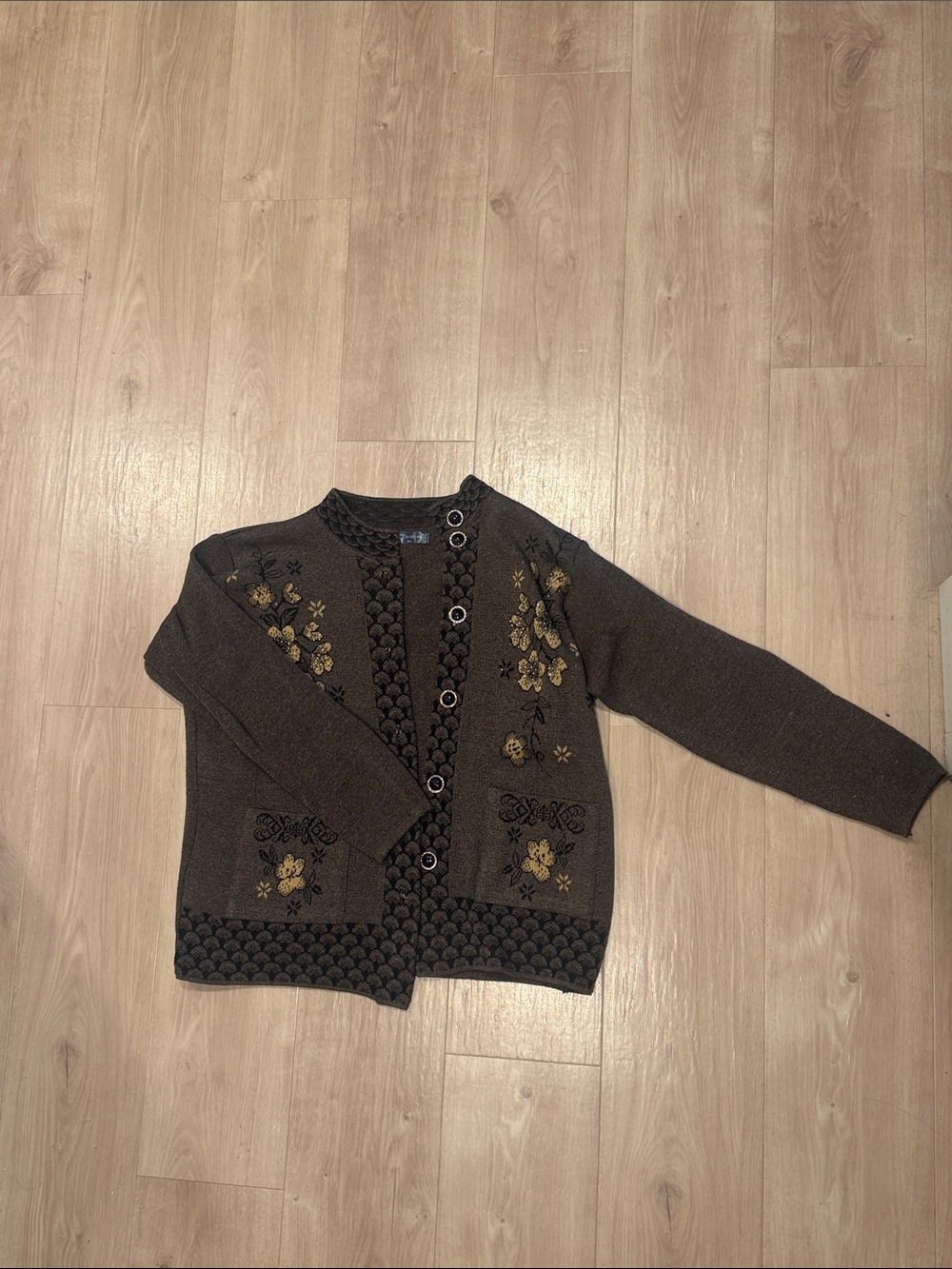 Cottage Core Embroidered Brown Knit Cardigan with Gold Floral Accents